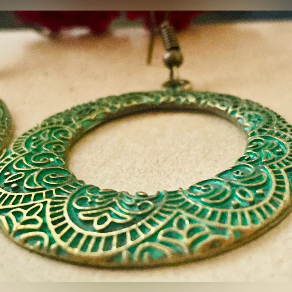 Antique Brass Boho Drop Earrings with Embossed Mandala Design in Green Patina - Picture 5 of 12